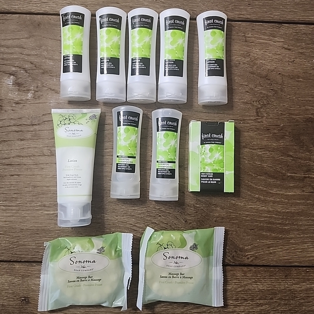 SONOMA SOAP CO.  FIRST CRUSH TRAVEL SIZE  LOT of  11 soaps lotions shampoos